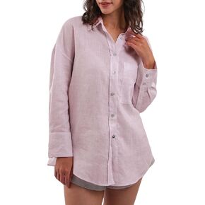 Amazhiyu Women's 100% Linen Summer Long Sleeve Button-Down Shirt with Pockets