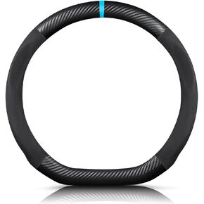 Ergocar D-Shaped Carbon Fiber & Microfiber PU Leather Steering Wheel Cover Anti-Slip Car Steering Wheel Protector Breathable Sweat Absorbent Sport for Diameter 38cm（15"）-Black