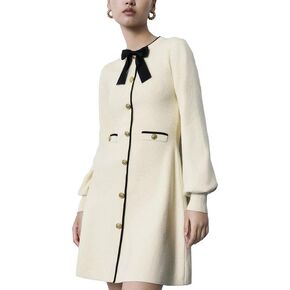 فساتين كنزة صوفية نسائية 2024 بأزرار صغيرة وأكمام طويلة منتفخة وخصر إمبراطوري in Kuwait