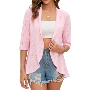Women's Open Front 3/4 Sleeve Cardigan Solid Cardigan Jacket Casual Soft Drape Ruffles Cardigan for Women