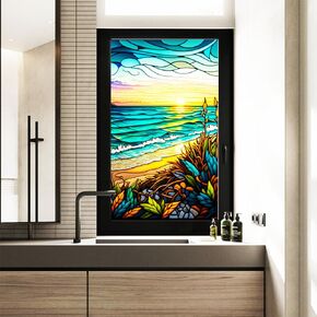 Static Cling Decorative Window Film,Non Adhesive Privacy Film,Stained Glass Window Film for Bathroom Shower Door,Sunrise Over The Beach Window Film 17.7" x 39.5" (BL130)