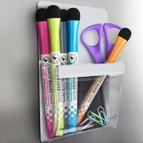 YES4QUALITY Magnetic Pen Holder for Refrigerator with Strong Magnetic Back, Dry Erase Marker Holder Ideal for Whiteboard & Fridge, Clear & White Pencil Cup