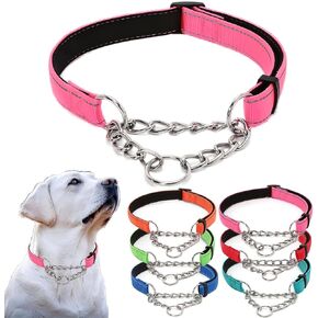 Martingale Dog Collar, Reflective Nylon Dog Training Collars Soft Padded No Pull Stainless Steel Chain Collar Adjustable for Small Medium Large Dogs Pink Large