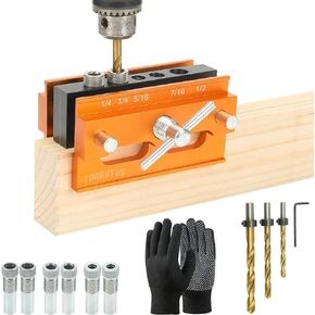 Self Centering Doweling Jig Kit - Adjustable Width Dowel Jig Kit for Straight Holes, Biscuit Joiner Set, 6 Bushings, 3 Size Drill Bits - Woodworking Precision Tool