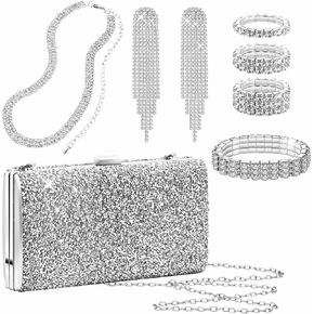 Kucheed 5PCS Silver Clutch Purse Jewelry Sets for Women, Glitter Evening Clutch Bag Rhinestone Necklace Bracelet,Bling Crystal Dangle Fringe Earrings Purse for Wedding Party Prom