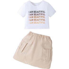 Verdusa Girl's 2 Piece Outfit Letter Print Short Sleeve Tee Top and Cargo Skirt Sets