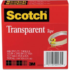 Scotch 6002P1272 Transparent Tape, 3-Inch Core, 1/2-Inch x2592-Inch, 2/PK
