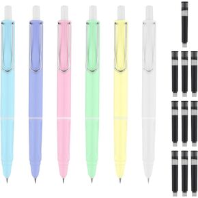 LUTER 6pcs Retractable Fountain Pens with 10pcs Ink Sacs, Quick Drying Ink Pen Press Refillable Ink Writing Pen Retractable Press Black Ink Pens for Home School Office Writing (6 Colors)