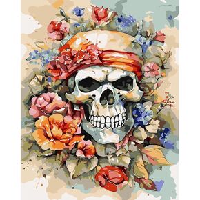 مجموعات الطلاء حسب الأرقام للبالغين المبتدئين، مجموعة طلاء جمجمة بالألوان المائية DIY حسب الأرقام على القماش، طلاء هيكل عظمي بسيط من الأكريليك سهل للكبار حسب الأرقام بدون إطار لديكور الحائط المنزلي 16 × 20 بوصة in Kuwait