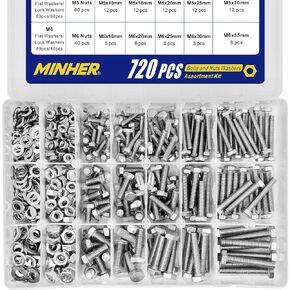 226PCS Heavy Duty Bolts and Nuts Kit 304 Stainless Steel(18-8) 1/4-20 5/16-18 3/8-16 Hex Screws Nuts & Washers kit,includes 14 regular sizes