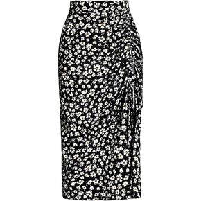 MakeMeChic Women's Ditsy Floral Midi Skirt High Waist Split Thigh Drawstring Ruched Boho Skirt