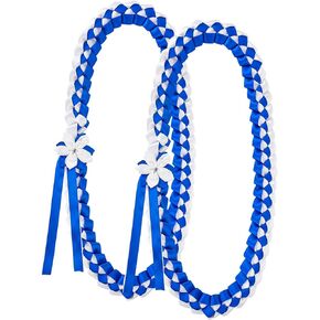JarThenaAMCS Graduation Ribbon Lei Blue White Handmade Braided Necklaces with Flower Knot 2024 Grad Ribbon Accessories for High School College Graduation Graduate Party Decor Gift, 2Pcs
