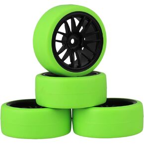Mxfans Black Plastic 14 Spoke Wheel Rims and Green Drift Smooth Tyres for RC 1:10 On Road Racing Car Set of 4