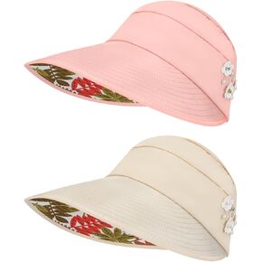 2-Piece Wide Brim Sun Hats, Summer Lightweight UV Protection Cap for Women, Beach Dry Foldable Travel Visor