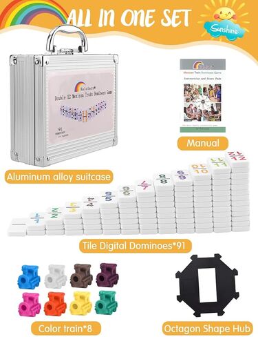 Kalolary Double 12 لعبة دومينو قطار مكسيكي، 91 قطعة من ألعاب الدومينو في علبة من الألومنيوم مع 9 وسادات نقاط لكتيب تعليمات القطارات ومركز على شكل مثمن (نمط الأرقام) in Kuwait