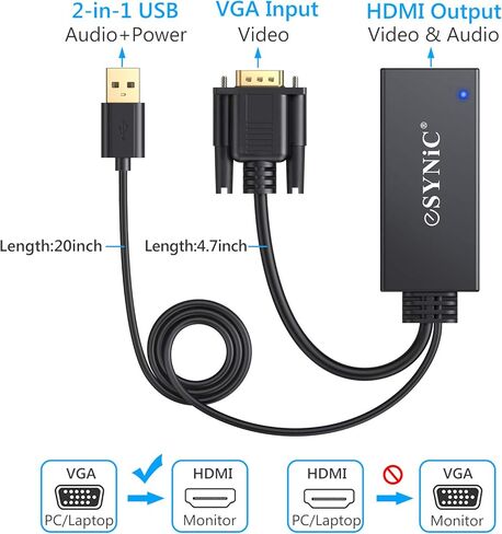 محول eSynic VGA إلى HDMI، موصلات مطلية بالذهب، يدعم دقة 1080 بكسل، تركيب سهل التوصيل والتشغيل in Kuwait