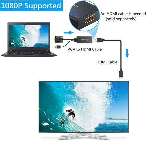محول eSynic VGA إلى HDMI، موصلات مطلية بالذهب، يدعم دقة 1080 بكسل، تركيب سهل التوصيل والتشغيل in Kuwait
