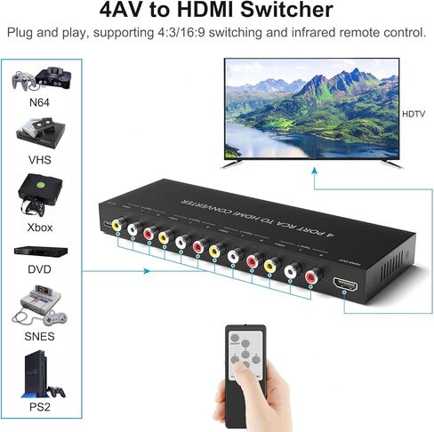 4 محول AV إلى HDMI محول RCA إلى HDMI محول نقل الفيديو والصوت يدعم 720P/1080P(30HZ/60HZ) لمشغلات WII N64 PS1 PS2 PS3 VHS VCR DVD in Kuwait