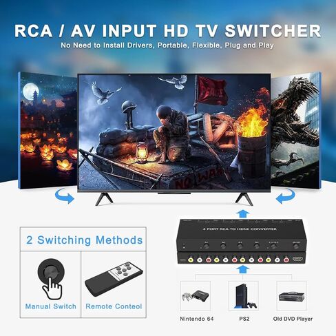 4 محول AV إلى HDMI محول RCA إلى HDMI محول نقل الفيديو والصوت يدعم 720P/1080P(30HZ/60HZ) لمشغلات WII N64 PS1 PS2 PS3 VHS VCR DVD in Kuwait