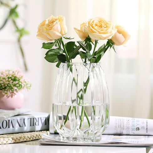 Flower Vase，Glass Vase，11 inch，GIDARY Thickened Clear Ribbed Glass Vase for Bookshelf,Dinner Table,Indoor Office Desktop,Meeting Room,Home Christmas Day Decoration in Saudi Arabia
