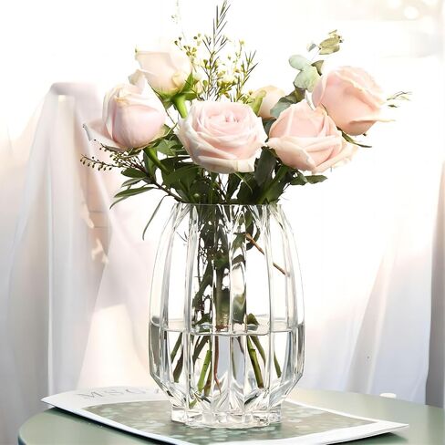 Flower Vase，Glass Vase，11 inch，GIDARY Thickened Clear Ribbed Glass Vase for Bookshelf,Dinner Table,Indoor Office Desktop,Meeting Room,Home Christmas Day Decoration in Saudi Arabia