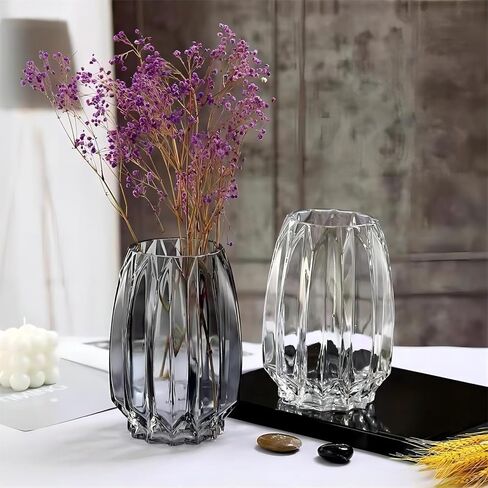 مزهرية زهور، مزهرية زجاجية، 7.8 بوصة، مزهرية زجاجية مضلعة سميكة من GIDARY لرف الكتب، طاولة العشاء، سطح المكتب الداخلي، غرفة الاجتماعات، ديكور المنزل في عيد الميلاد in Kuwait