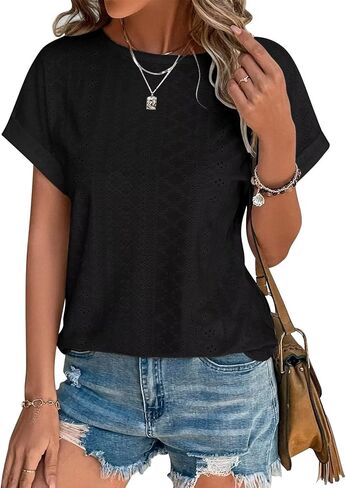 Womens Tops Crewneck Eyelet Embroidery Tops Summer Fall Fashion Clothes Loose Fit Casual Short Sleeve Blouse T Shirts in Saudi Arabia