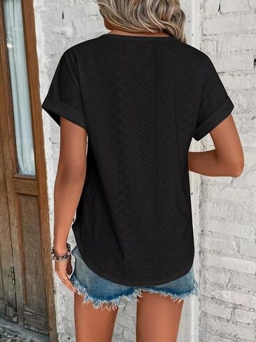 Womens Tops Crewneck Eyelet Embroidery Tops Summer Fall Fashion Clothes Loose Fit Casual Short Sleeve Blouse T Shirts in Saudi Arabia