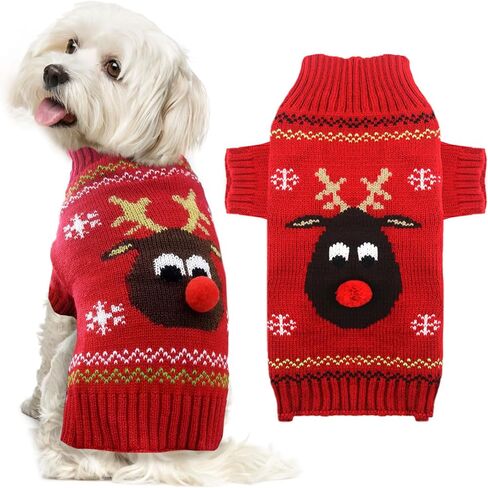 Ugly Christmas Dog Sweater Reindeer Xmas Dog Outfits Pet Dog Holiday Costumes Red Puppy Cat Winter Knitwear Clothes Turtleneck Warm Jumper Clothes for Small Medium Large Dogs(Red,M) in Kuwait