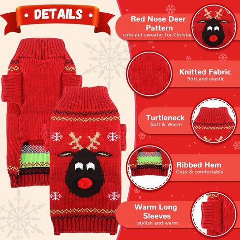 Ugly Christmas Dog Sweater Reindeer Xmas Dog Outfits Pet Dog Holiday Costumes Red Puppy Cat Winter Knitwear Clothes Turtleneck Warm Jumper Clothes for Small Medium Large Dogs(Red,M) in Kuwait