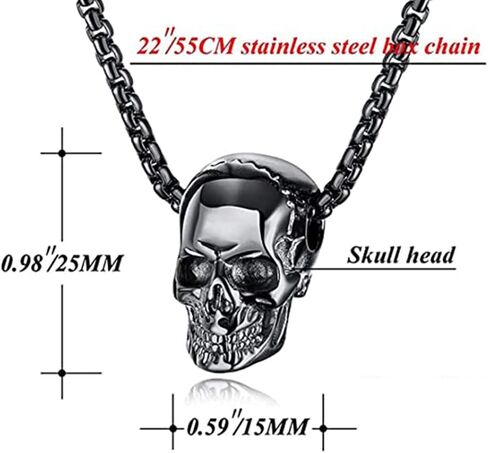 Fashion Jewelry Stainless Steel Skull Pendant Necklace for Men Punk Rapper High Polished Skull Head Hip Hop Pendant Necklace with 22 Inches Box Chain for Women Men in Kuwait