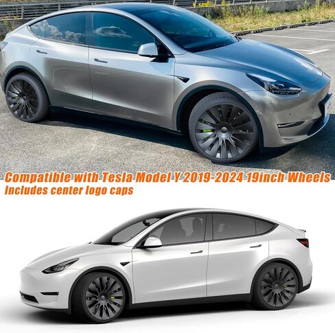 أغطية عجلات POSWIS مقاس 19 بوصة لـ Tesla Model Y 2019-2024 Hubcaps Rims أغطية العجلات ملحقات بديلة متوافقة مع Tesla Model Y Matte Black تتضمن قبعات شعار المركز (4 عبوات) in Kuwait