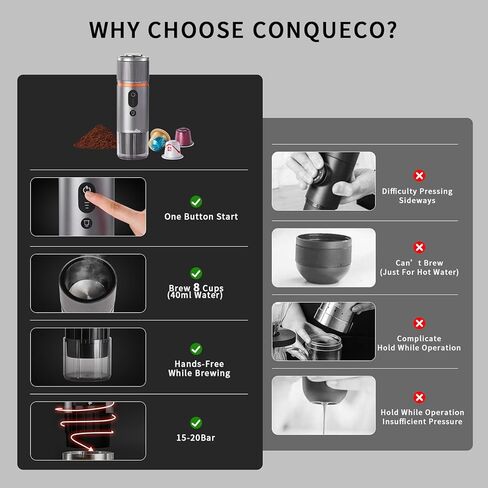 ماكينة قهوة اسبريسو محمولة من CONQUECO: ماكينة صنع قهوة اسبريسو كهربائية صغيرة للسفر بقدرة 12 فولت - تسخين ذاتي 8 أكواب تعمل بالبطارية متوافقة مع كبسولة نسبرسو - لمكتب التخييم والتنزه سيرًا على الأقدام (مع حقيبة يد) in Kuwait