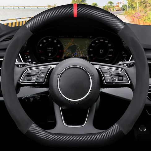 Ergocar على شكل حرف D من ألياف الكربون والألياف الدقيقة من جلد البولي يوريثان غطاء عجلة قيادة السيارة مضاد للانزلاق واقي عجلة قيادة السيارة مسامي ماص للعرق بقطر 38 سم (15 بوصة) - أسود وأحمر in Saudi Arabia
