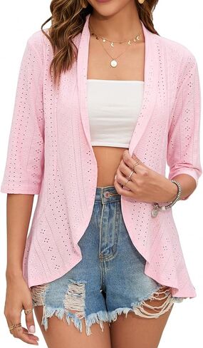 Women's Open Front 3/4 Sleeve Cardigan Solid Cardigan Jacket Casual Soft Drape Ruffles Cardigan for Women in Kuwait