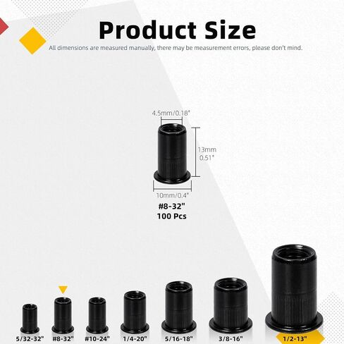 Hilitchi 320Pcs SAE UNC Rivet Nuts, 5/32-32, 8-32, 10-24, 1/4-20, 5/16-18, 3/8-16, 1/2-13 Zinc-Plated Carbon Steel Threaded Insert Nut Black Rivet Nut in Saudi Arabia