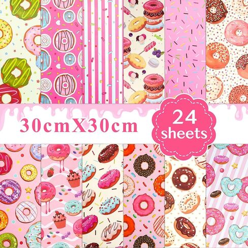 JISUAN 24 Sheets Donut Scrapbook Paper 12 Inch, Double-Sided Donuts Cupcake Pattern Paper Pack Baking Themed Decorative Craft Paper for Card Making Photo Album Junk Journal Party Decor in Saudi Arabia