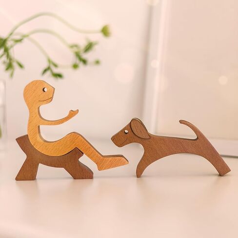 Pawfect House Handmade Man and Dog Figurine, Table Decor Wooden Pet Carvings, Housewarming, Birthday Gifts for Dog Lovers, Dog Sculpture Home Decoration, Wooden Carved Dog for Home Office Shelf Decor in Saudi Arabia