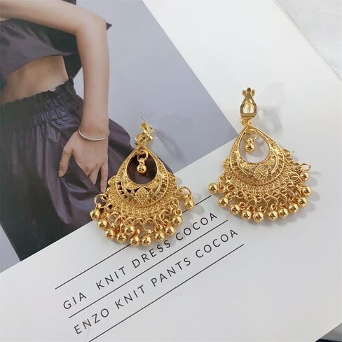مشبك أذن على شكل كرة ذهبية صغيرة للنساء والفتيات مطلي بالذهب عيار 14 قيراط عتيق Jhumka Jhumki هندي بوليوود رائع ومفصل غير مثقوب على الأقراط المتدلية المتدلية هدايا المجوهرات العرقية القبلية لها in Kuwait