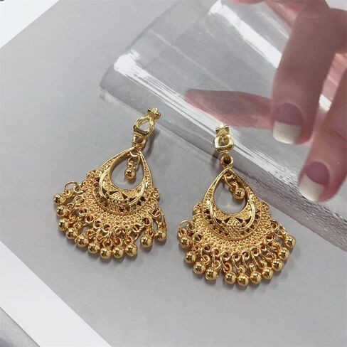 مشبك أذن على شكل كرة ذهبية صغيرة للنساء والفتيات مطلي بالذهب عيار 14 قيراط عتيق Jhumka Jhumki هندي بوليوود رائع ومفصل غير مثقوب على الأقراط المتدلية المتدلية هدايا المجوهرات العرقية القبلية لها in Kuwait
