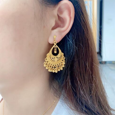 مشبك أذن على شكل كرة ذهبية صغيرة للنساء والفتيات مطلي بالذهب عيار 14 قيراط عتيق Jhumka Jhumki هندي بوليوود رائع ومفصل غير مثقوب على الأقراط المتدلية المتدلية هدايا المجوهرات العرقية القبلية لها in Kuwait
