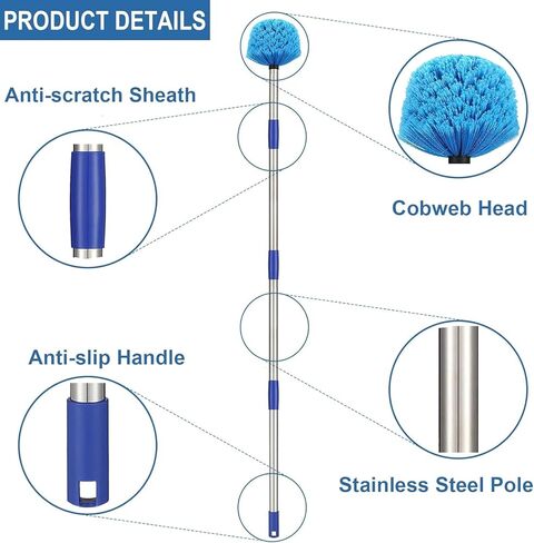Cobweb Duster with Pole, Stainless Steel Pole Cobweb Brush with Medium - 4ft Stiff Bristles for Walls Beams Shelves Iight Fixtures and Window Screens in Kuwait