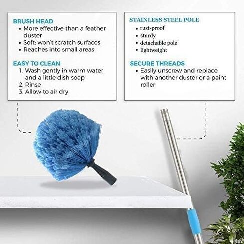 Cobweb Duster with Pole, Stainless Steel Pole Cobweb Brush with Medium - 4ft Stiff Bristles for Walls Beams Shelves Iight Fixtures and Window Screens in Kuwait