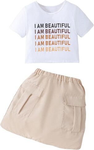 Verdusa Girl's 2 Piece Outfit Letter Print Short Sleeve Tee Top and Cargo Skirt Sets in Saudi Arabia