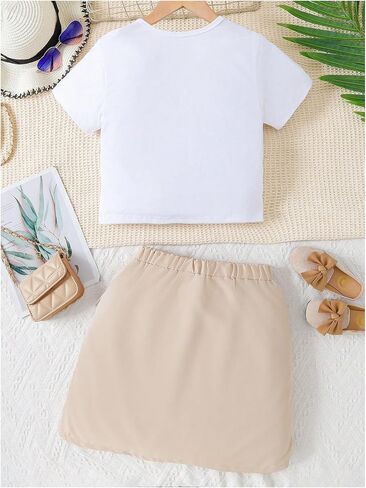 Verdusa Girl's 2 Piece Outfit Letter Print Short Sleeve Tee Top and Cargo Skirt Sets in Saudi Arabia