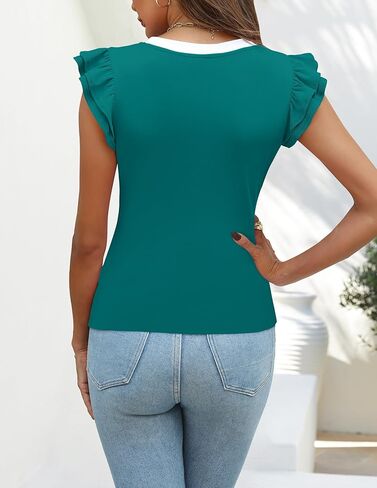 تي شيرت نسائي صيفي برقبة على شكل حرف V من NENONA وأكمام قصيرة ومضلعة للعمل كاجوال in Kuwait