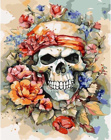 مجموعات الطلاء حسب الأرقام للبالغين المبتدئين، مجموعة طلاء جمجمة بالألوان المائية DIY حسب الأرقام على القماش، طلاء هيكل عظمي بسيط من الأكريليك سهل للكبار حسب الأرقام بدون إطار لديكور الحائط المنزلي 16 × 20 بوصة in Kuwait