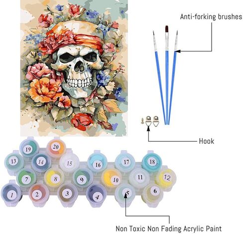 مجموعات الطلاء حسب الأرقام للبالغين المبتدئين، مجموعة طلاء جمجمة بالألوان المائية DIY حسب الأرقام على القماش، طلاء هيكل عظمي بسيط من الأكريليك سهل للكبار حسب الأرقام بدون إطار لديكور الحائط المنزلي 16 × 20 بوصة in Kuwait