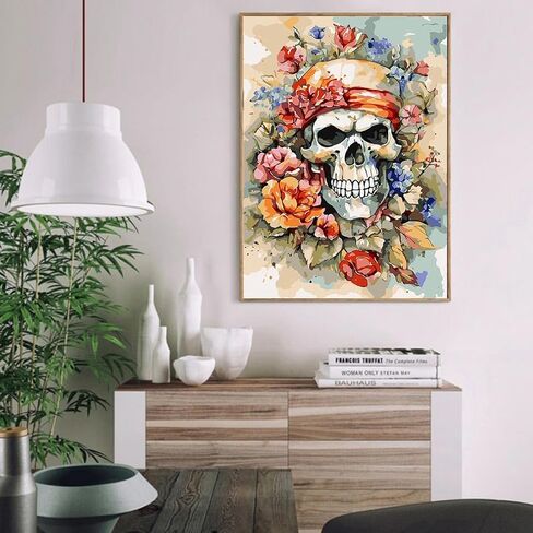 مجموعات الطلاء حسب الأرقام للبالغين المبتدئين، مجموعة طلاء جمجمة بالألوان المائية DIY حسب الأرقام على القماش، طلاء هيكل عظمي بسيط من الأكريليك سهل للكبار حسب الأرقام بدون إطار لديكور الحائط المنزلي 16 × 20 بوصة in Kuwait