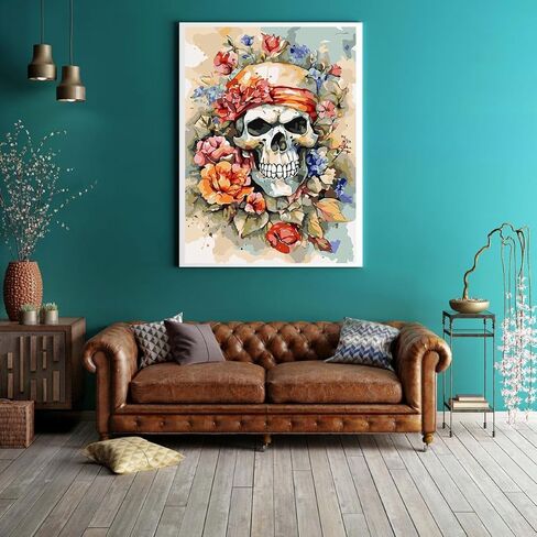 مجموعات الطلاء حسب الأرقام للبالغين المبتدئين، مجموعة طلاء جمجمة بالألوان المائية DIY حسب الأرقام على القماش، طلاء هيكل عظمي بسيط من الأكريليك سهل للكبار حسب الأرقام بدون إطار لديكور الحائط المنزلي 16 × 20 بوصة in Kuwait